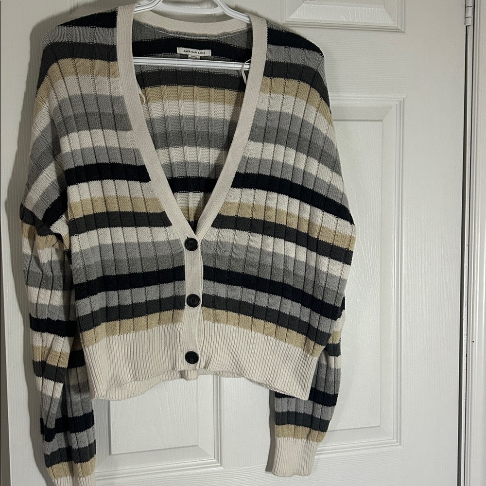 American Eagle Outfitters Striped Cardigan - Cream, Black, Gray, Tan